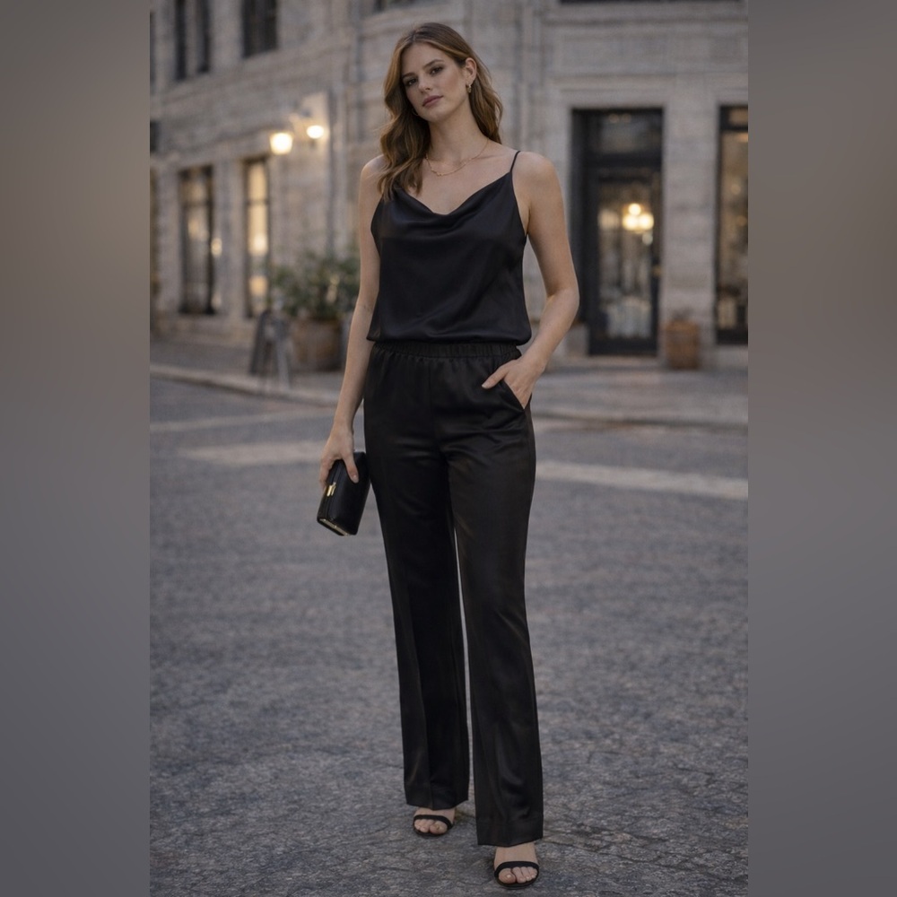 Luxe Black Satin Pull-On Pants | Small | Fluid Drape & Stretch Waist quiet luxe​